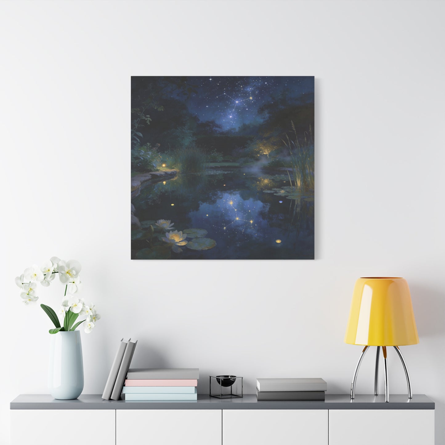 Starry Night Pond Canvas Wall Art - Moonlit Water Lilies, Celestial Reflection Landscape - Dreamy Matte Canvas Print - Traditional Nightscape Style - Living Room Wall Decor Bedroom Home Accent