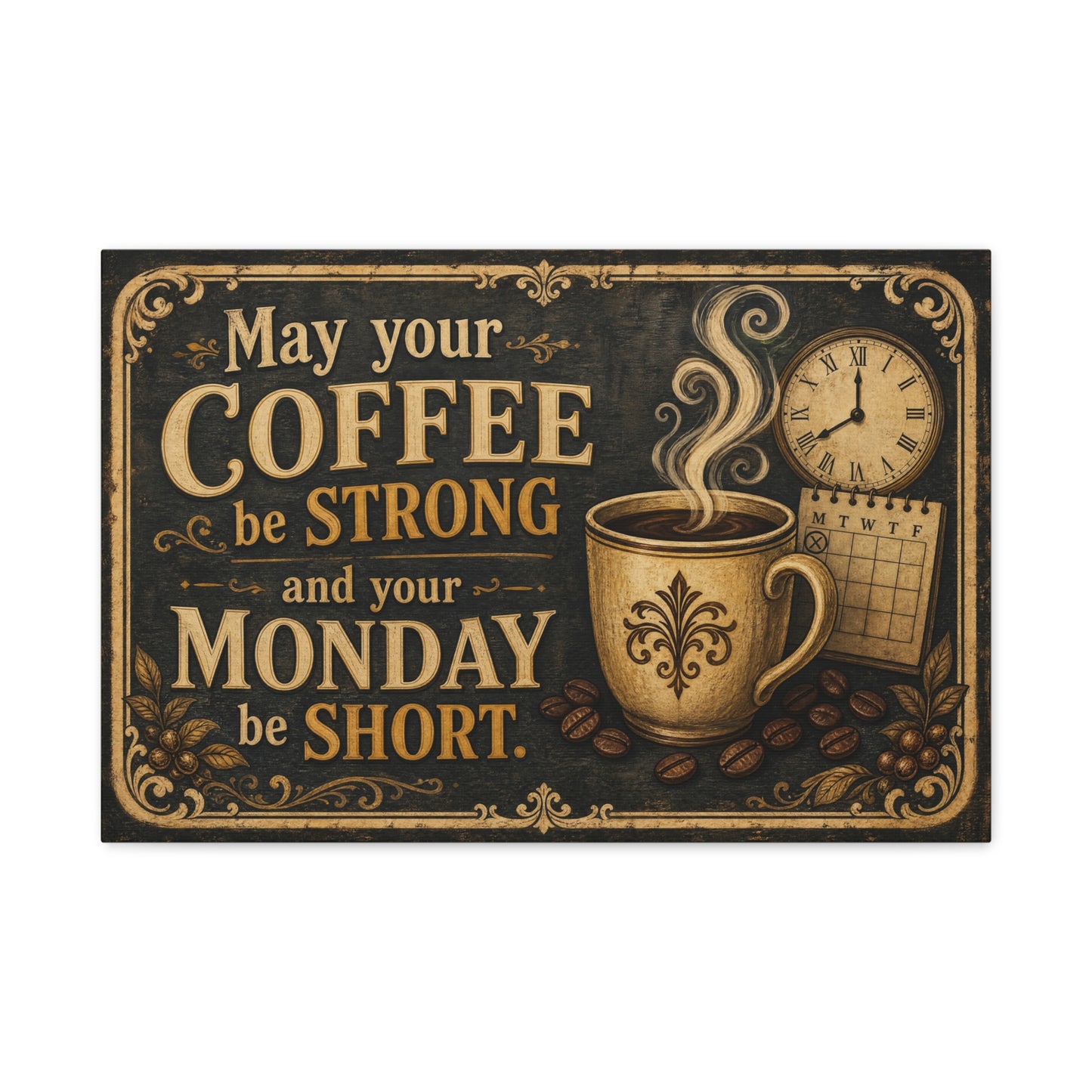 "May Your Coffee Be Strong And Your Monday Be Short" Canvas Wall Art - Vintage Coffee Cup Quote Print, Rustic Decor, Farmhouse Wall Hanging - Ready to Hang - Bistro Decor - Espresso Bar Sign