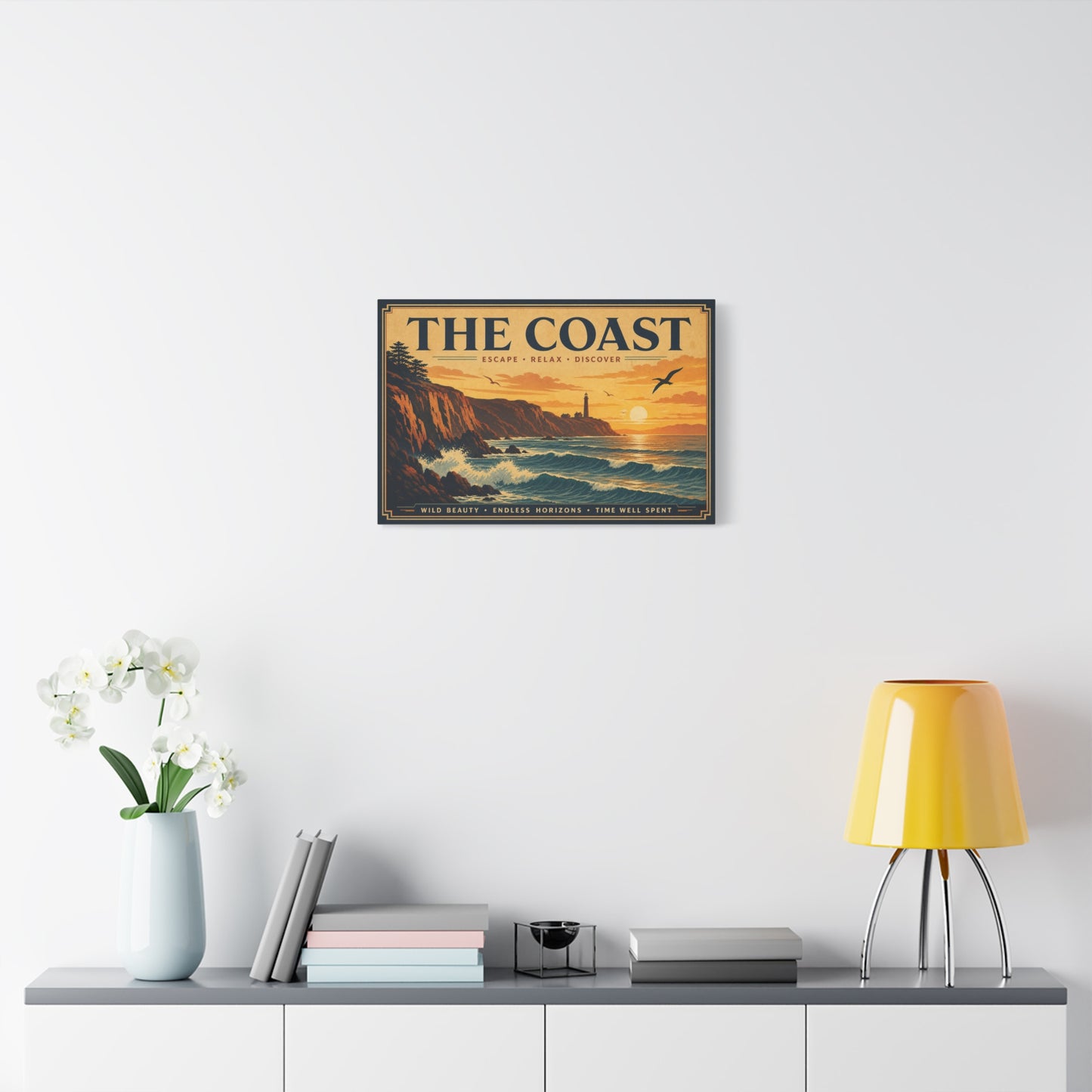"The Coast" Coastal Canvas Wall Art - Vintage Lighthouse Sunset Ocean Waves Print - Retro Seascape Home Decor, Nautical Living Room Wall Decor - Modern Farmhouse Style - Bedroom Home Decoration