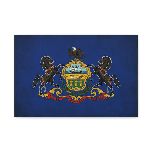 Pennsylvania State Flag Canvas Wall Art - Virtue Liberty And Independence Crest Print - Blue Keystone Commonwealth Decor - Vintage Heraldic Style - Living Room Home Decoration - Living Room Wall Decor