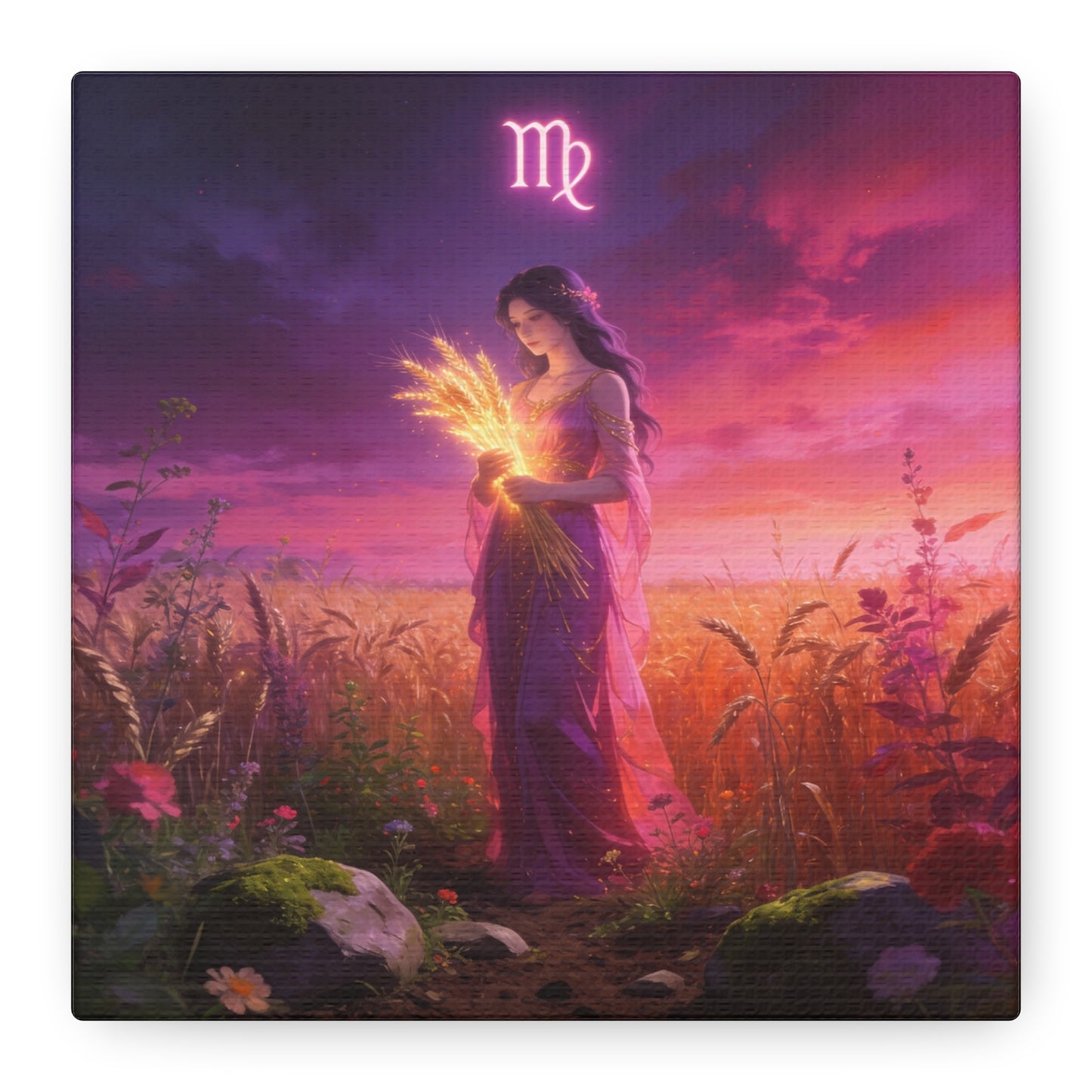 Virgo Zodiac Canvas Wall Art - Maiden Holding Glowing Wheat, Purple Twilight Field - Fantasy Illustration, Matte Canvas Print - Bedroom Wall Decor, Meditation Space Accent - Bedroom Home Decoration