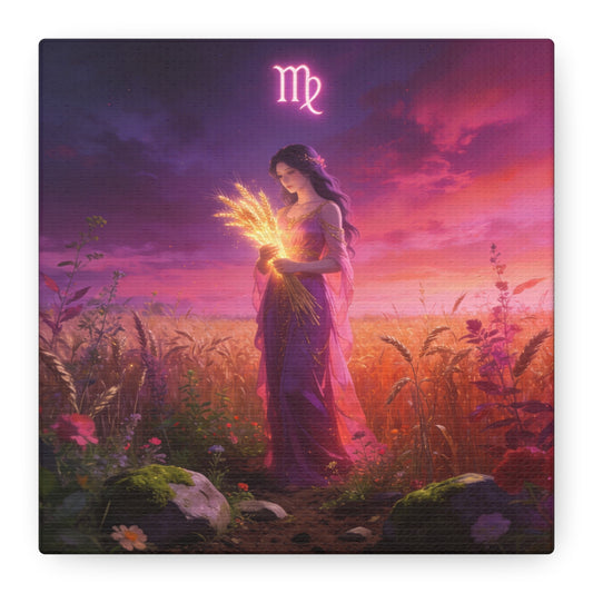 Virgo Zodiac Canvas Wall Art - Maiden Holding Glowing Wheat, Purple Twilight Field - Fantasy Illustration, Matte Canvas Print - Bedroom Wall Decor, Meditation Space Accent - Bedroom Home Decoration