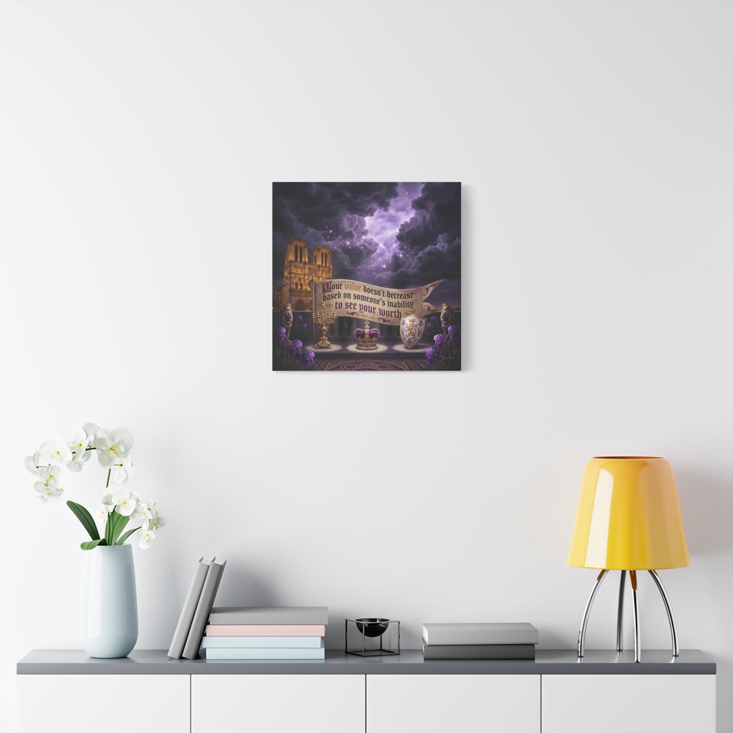 "Your Value Doesn't Decrease Based On Someone's Inability To See Your Worth" Canvas Wall Art - Gothic Cathedral, Purple Sky, Crown And Lions - Inspirational Home Decor - Living Room Bedroom