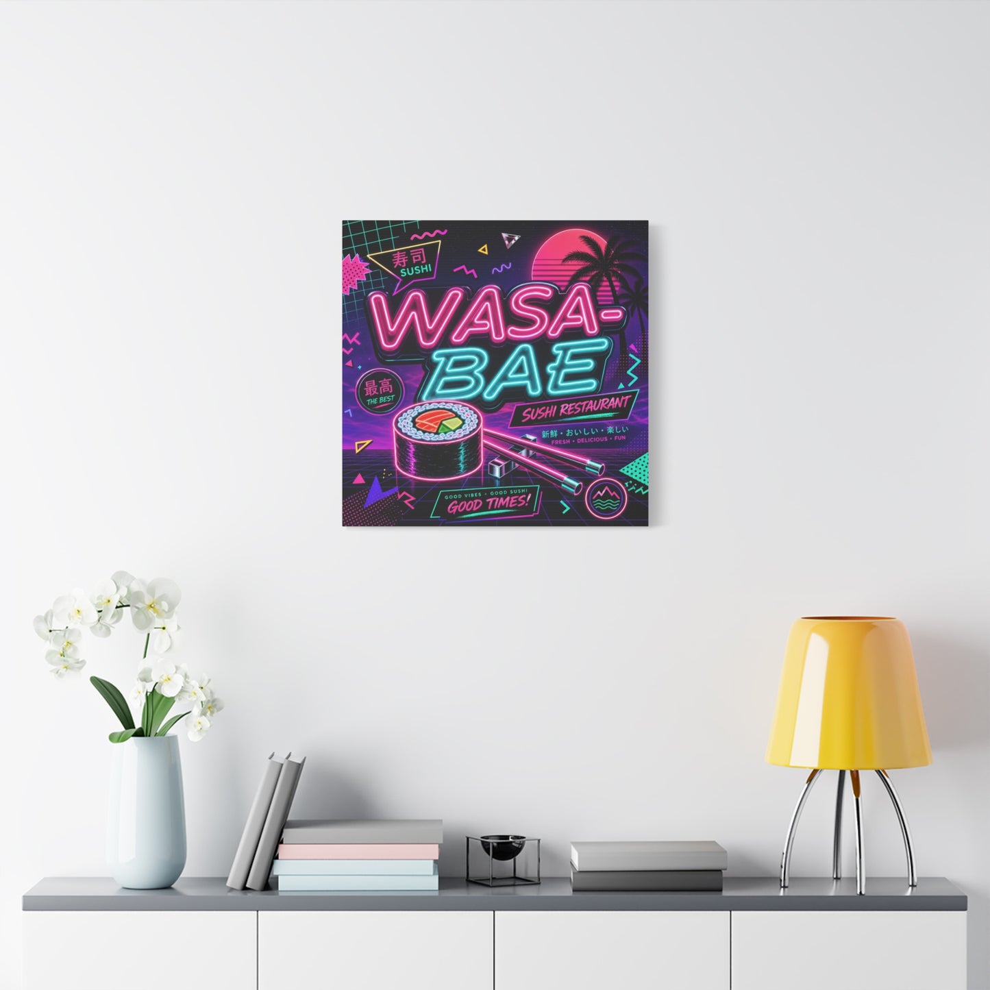"WASA-BAE" Sushi Canvas Print - Neon Japanese Restaurant Sign, Retro Vaporwave Illustration - Matte Cotton Decor, Cafe Wall Accent, Dining Space Artwork, Lounge Interior Style - Office Wall Art