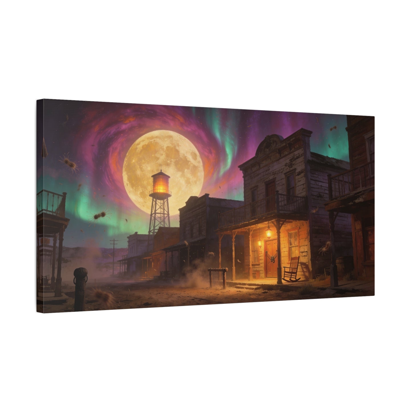 Moonlit Western Town Canvas Wall Art - Surreal Desert Street, Water Tower, Aurora Sky - Matte Cotton Art Print - Vintage Frontier Style, Living Room Wall Decor Office Accent - Bedroom Home Decoration