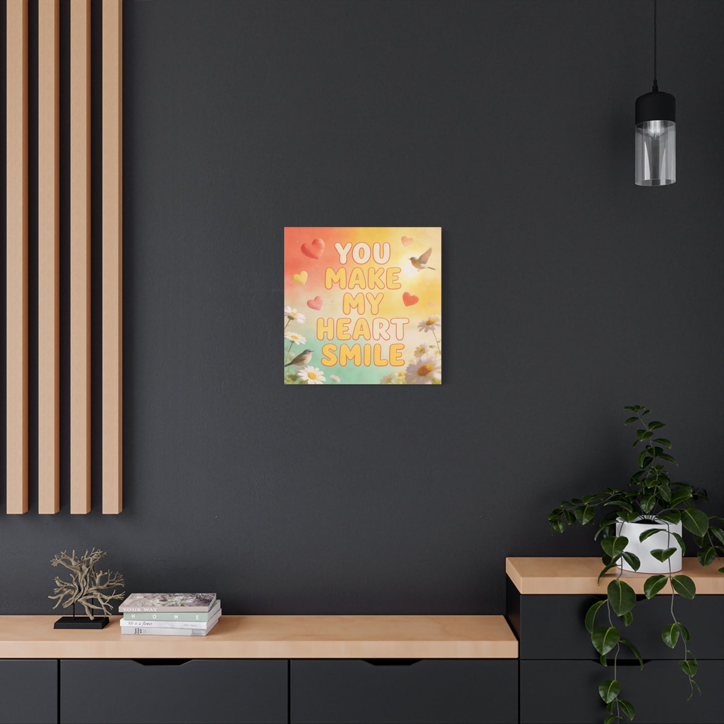 "You Make My Heart Smile" Inspirational Canvas Wall Art - Daisy And Songbird Quote Print, Pastel Typography Decor, Cheerful Bedroom Wall Hanging, Nursery Home Accent - Bedroom Home Decoration