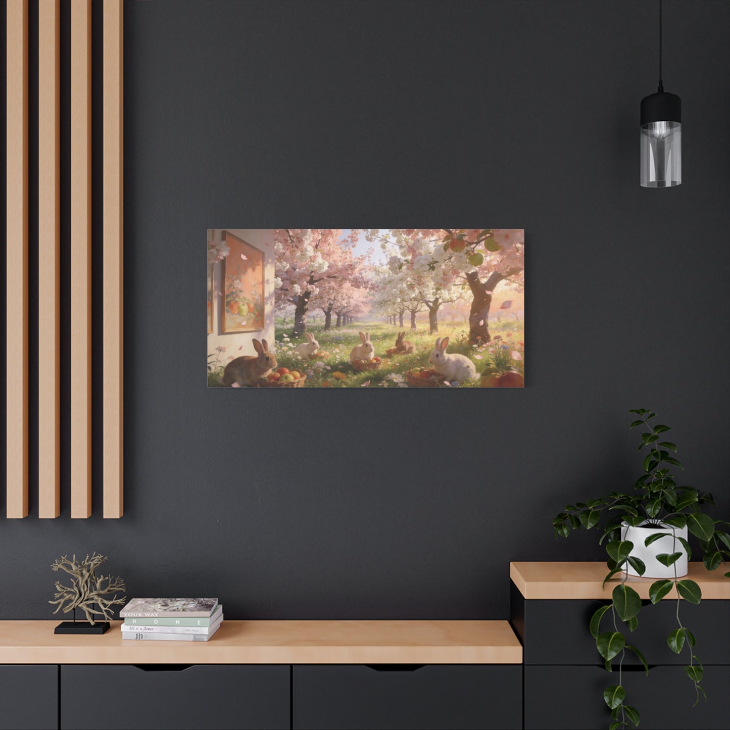 Cherry Blossom Rabbit Canvas Wall Art - Spring Orchard Bunnies, Apple Basket Meadow Scene - Matte Cotton Print, Pastel Floral Style - Bedroom Wall Decor, Nursery Home Decoration - Ready to Hang