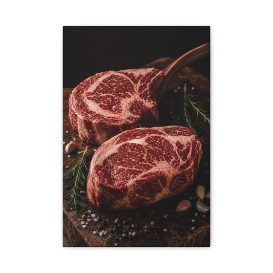 Raw Ribeye Steak Canvas Wall Art - Rustic Food Art Print, Butcherhouse Kitchen Decor, Cotton Art Print, Moody Culinary Still Life - Dining Room Accent, Restaurant Wall Decor - Modern Farmhouse Style