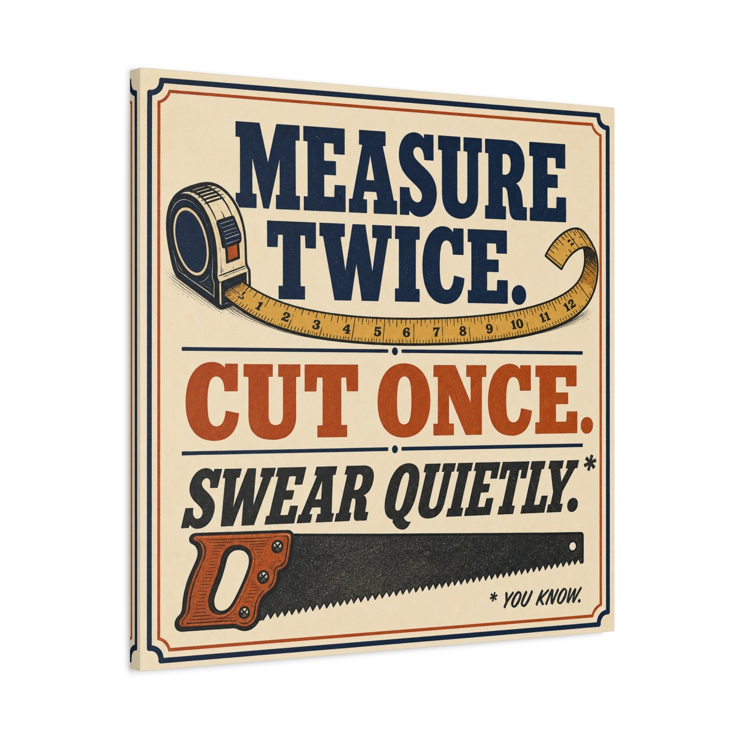 "Measure Twice. Cut Once. Swear Quietly. You Know." Funny Workshop Canvas Wall Art - Vintage Carpenter Quote Print, Rustic Garage Decor, Woodshop Wall Hanging - Bedroom Home Decoration - Ready to Hang