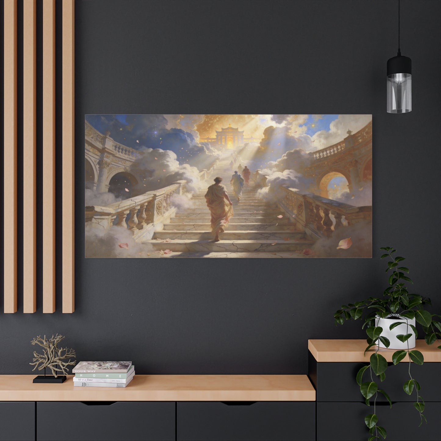 Celestial Stairway Canvas Wall Art - Figures Ascending Through Clouds, Golden Temple Light - Matte Cotton Art Print - Classical Fantasy Style - Living Room Wall Decor, Office Accent - Ready to Hang