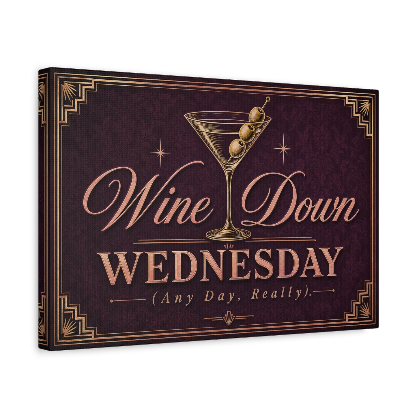 "Wine Down Wednesday (Any Day, Really)." Martini Canvas Wall Art - Vintage Cocktail Typography Decor - Art Deco Style, Matte Canvas Print - Bar Cart Wall Decor - Ready to Hang - Ready to Hang