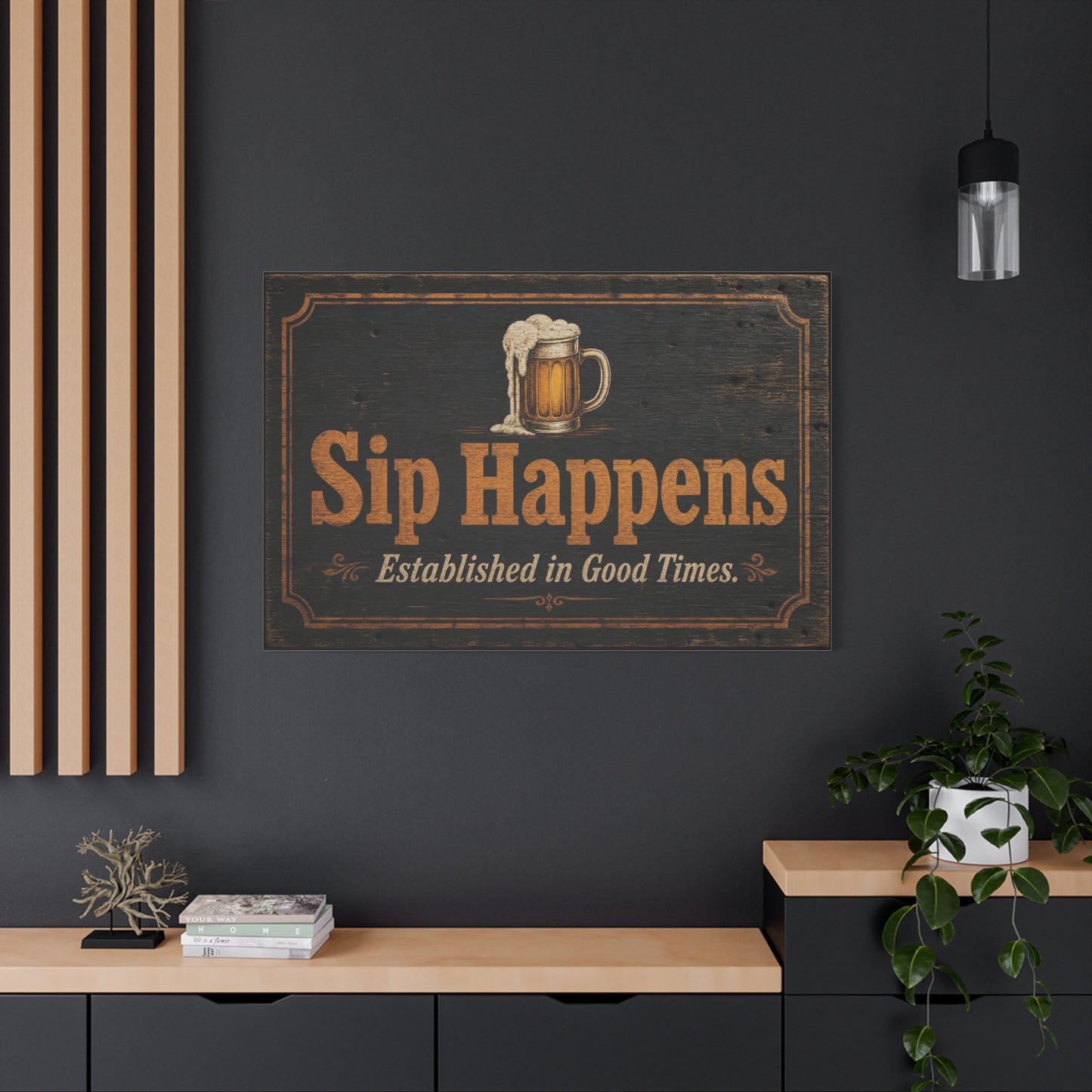 "Sip Happens" Beer Mug Canvas Wall Art - Rustic Vintage Pub Sign, Established In Good Times - Farmhouse Bar Decor - Ready to Hang - Ready to Hang - Pub Wall Art - Cocktail Lounge Decor