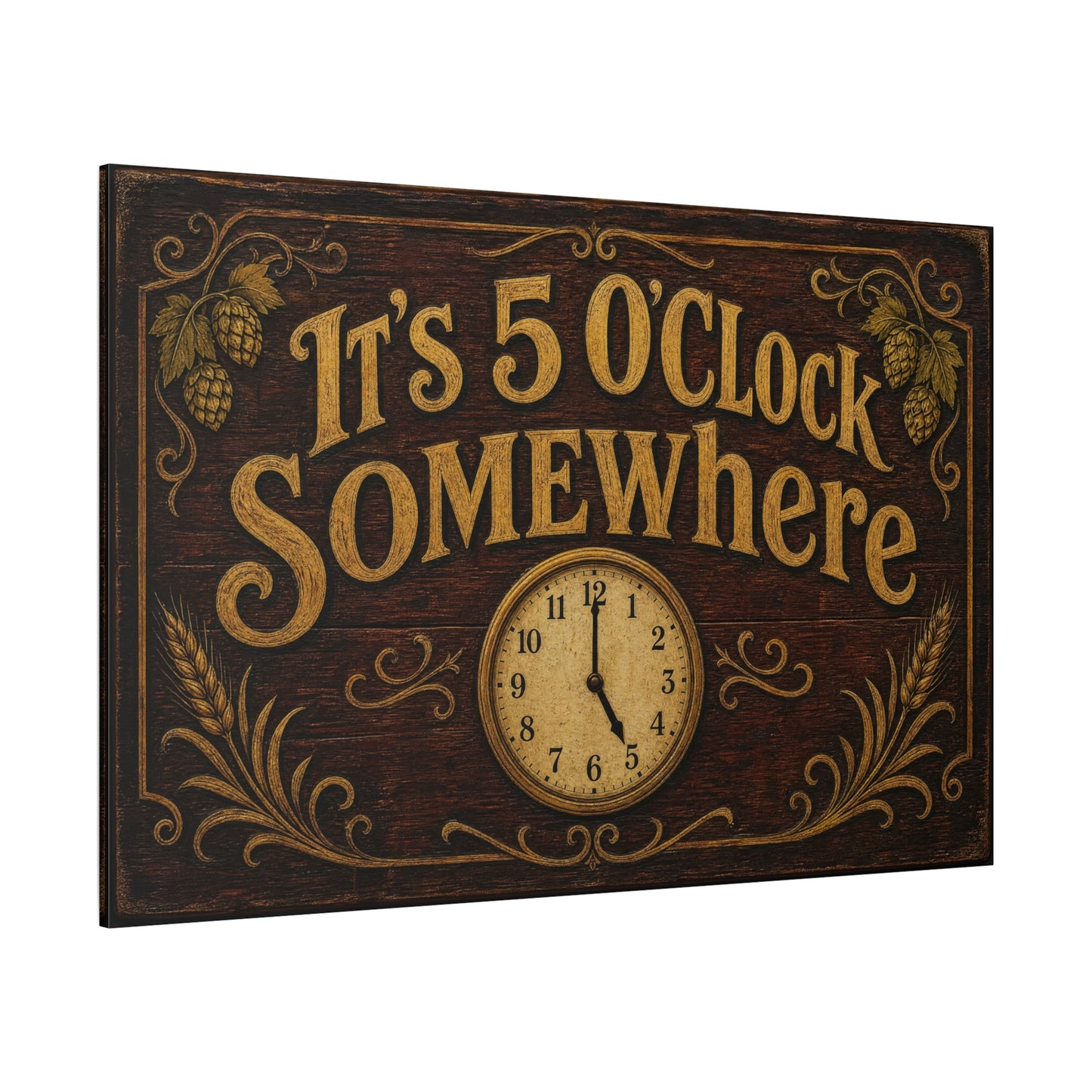 "It's 5 O'Clock Somewhere" Canvas Wall Art - Rustic Bar Sign, Vintage Clock Typography - Farmhouse Pub Decor, Brown Gold - Pub Wall Art - Cocktail Lounge Decor - Speakeasy Style Sign - Ready to Hang