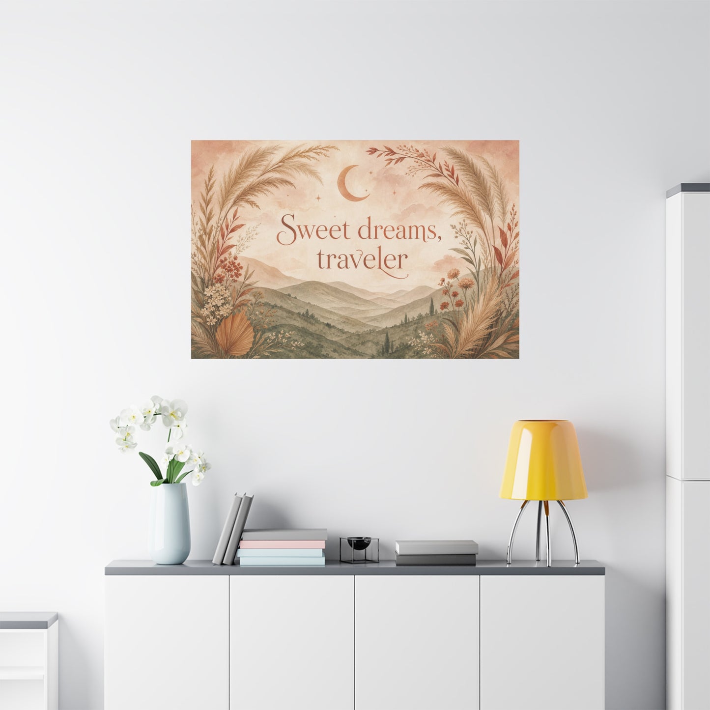 "Sweet Dreams, Traveler" Canvas Wall Art - Boho Moon Mountain Landscape Print - Neutral Botanical Bedroom Decor - Rustic Contemporary Wall Hanging - Ready to Hang - Bedroom Home Decoration