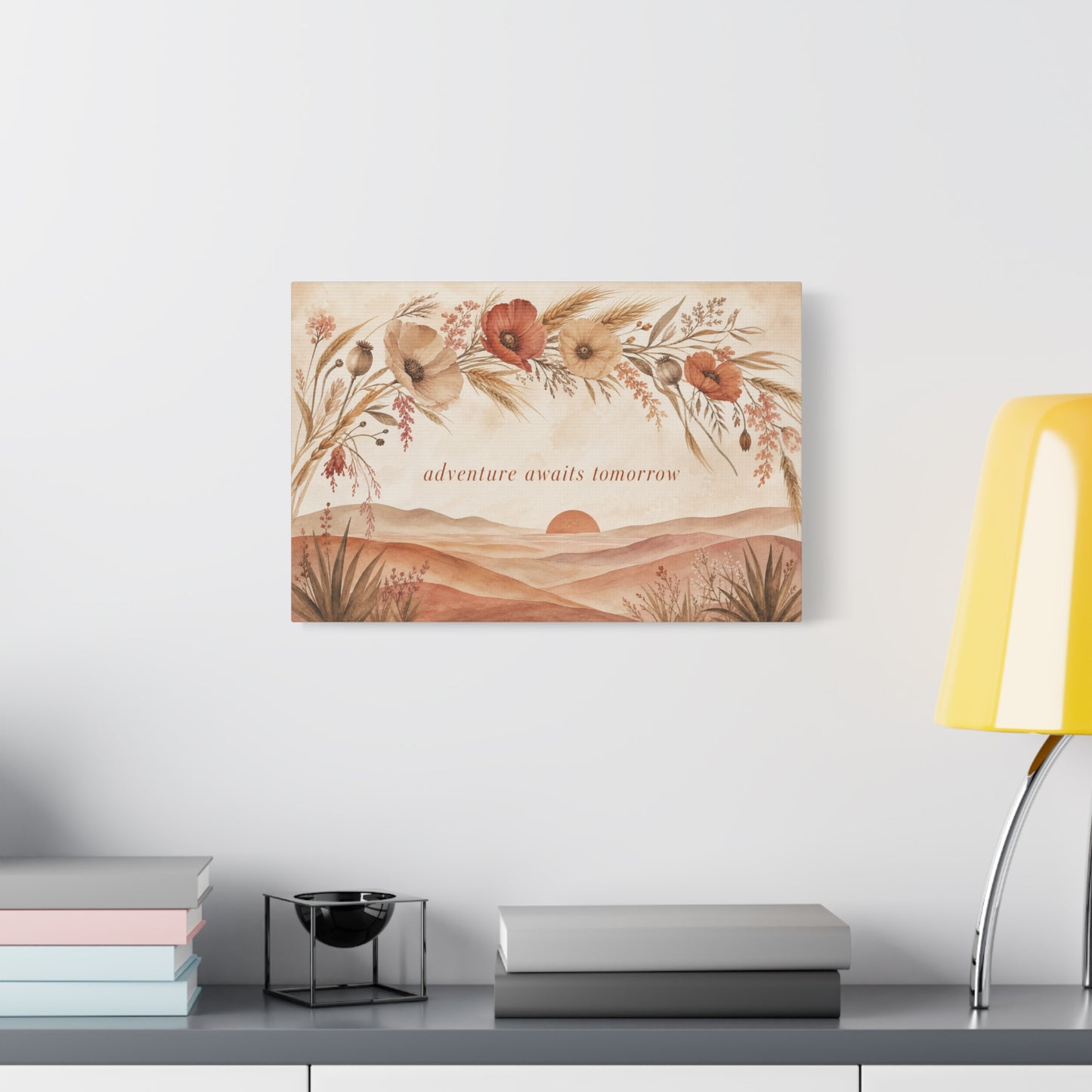 "Adventure Awaits Tomorrow" Poppy Flower Canvas Wall Art - Boho Botanical Desert Sunset Quote Print - Warm Neutral Watercolor Landscape - Bedroom Wall Decor, Living Room Home Accent - Ready to Hang