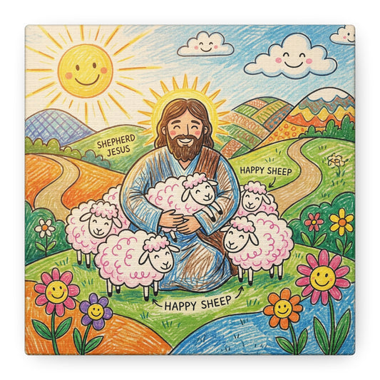 "Shepherd Jesus" "Happy Sheep" Jesus Canvas Wall Art - Christian Kids Nursery Decor, Colorful Religious Print - Matte Cotton Canvas - Playroom Bedroom Classroom Decoration - Living Room Wall Decor
