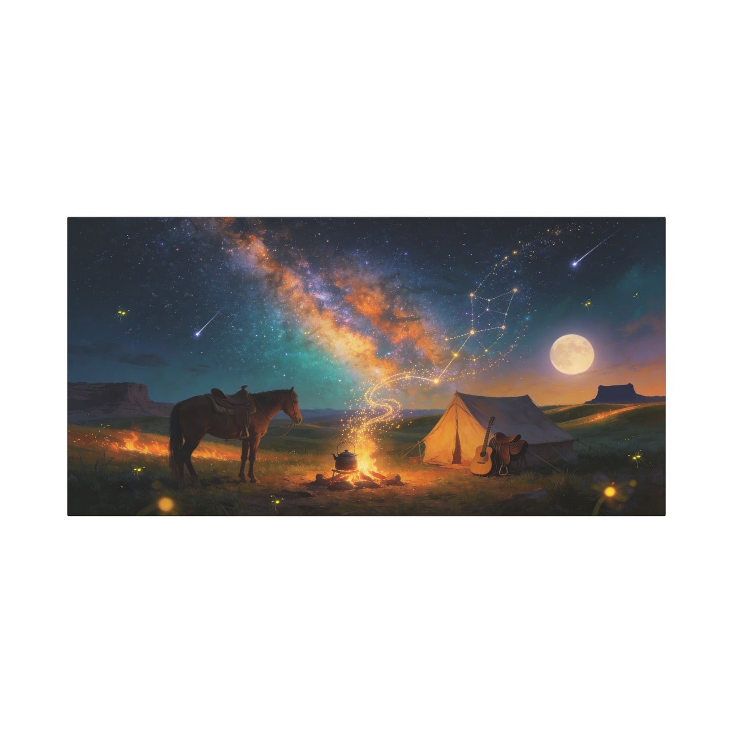 Western Night Sky Canvas Wall Art - Horse, Tent, Campfire And Milky Way Constellation - Dreamy Cosmic Desert Landscape - Modern Home Decor For Living Room, Bedroom, Office - Living Room Wall Decor