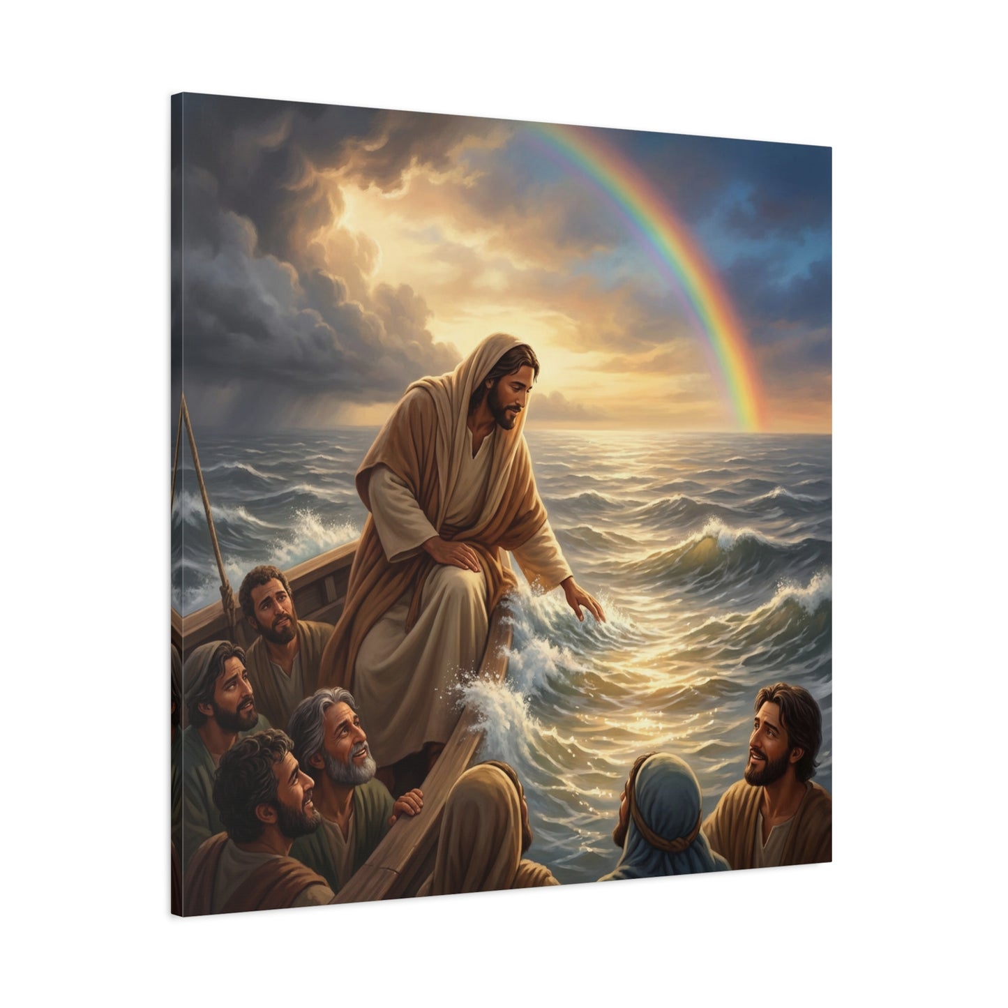 Jesus Christ Walking On Water Canvas Wall Art - Rainbow Over Stormy Sea, Disciples In Boat - Matte Cotton Print - Traditional Religious Style - Living Room Wall Decor - Bedroom Home Decoration