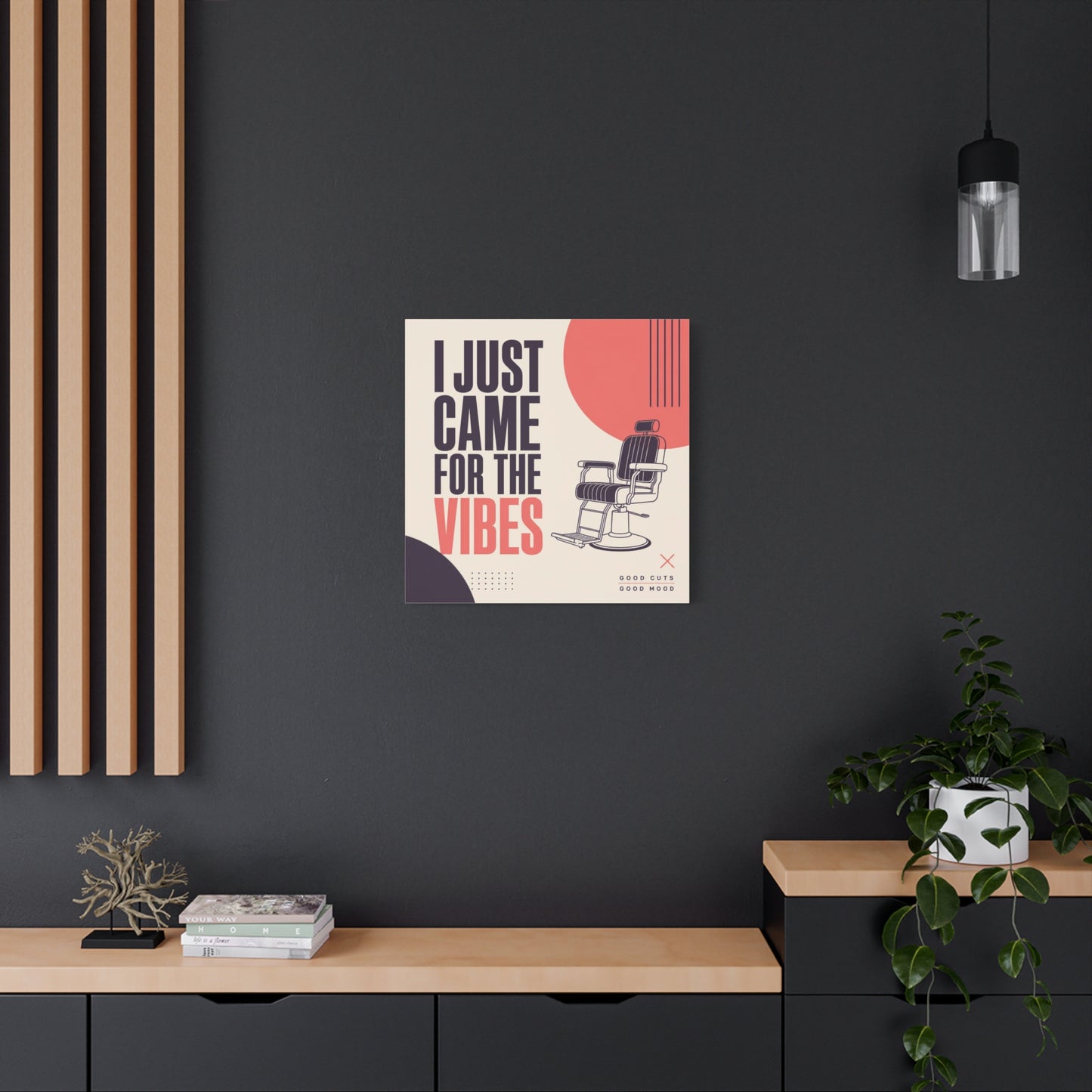 "I Just Came For The Vibes" Typography Canvas Wall Art - Barber Chair Line Illustration, Coral And Black Modern Salon Wall Decor - Minimalist Quote Print For Barbershop Lobby Workspace - Ready to Hang