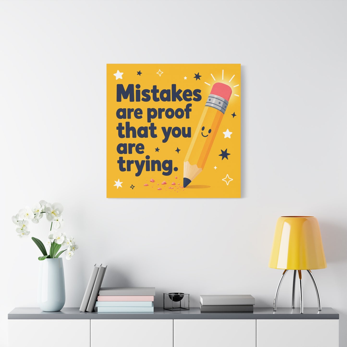 "Mistakes Are Proof That You Are Trying." Inspirational Canvas Wall Art - Yellow Pencil Quote Print, Classroom Decor, Teacher Office Motivation, Kids Study Room Decoration, Typography Poster