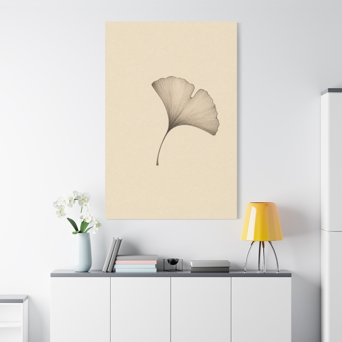 Ginkgo Leaf Canvas Wall Art - Minimalist Botanical Line Drawing, Neutral Beige Cotton Art Print - Contemporary Zen Style - Bedroom Wall Decor, Living Room Home Decoration - Bedroom Home Decoration