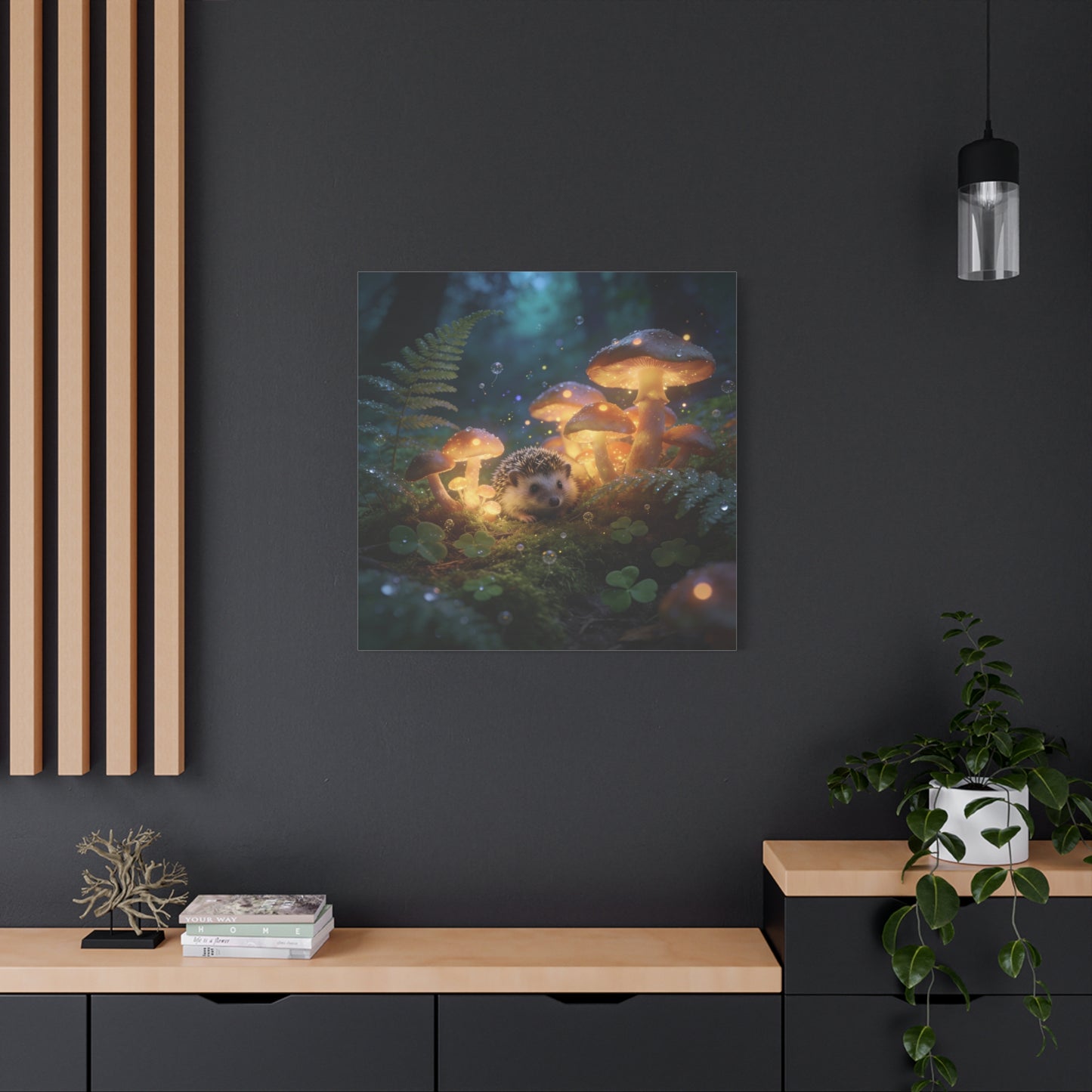 Hedgehog Mushroom Canvas Wall Art - Glowing Forest Fantasy Animal Print - Matte Cotton Art Print, Whimsical Woodland Style - Bedroom Wall Decor, Nursery Home Decoration Accent - Modern Farmhouse Style