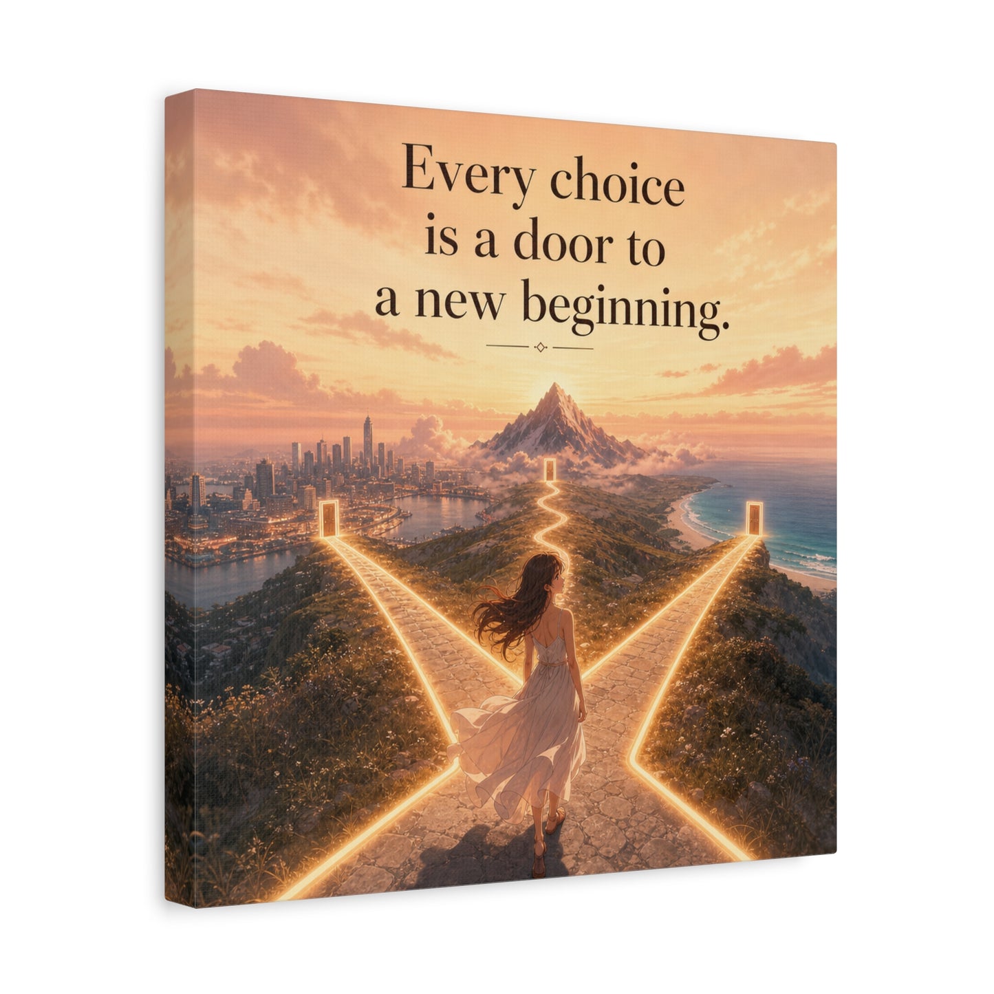 "Every Choice Is A Door To A New Beginning." Inspirational Canvas Wall Art - Woman At Glowing Crossroads Path, Mountain And Coast Dreamscape - Modern Typography Decor For Bedroom Office