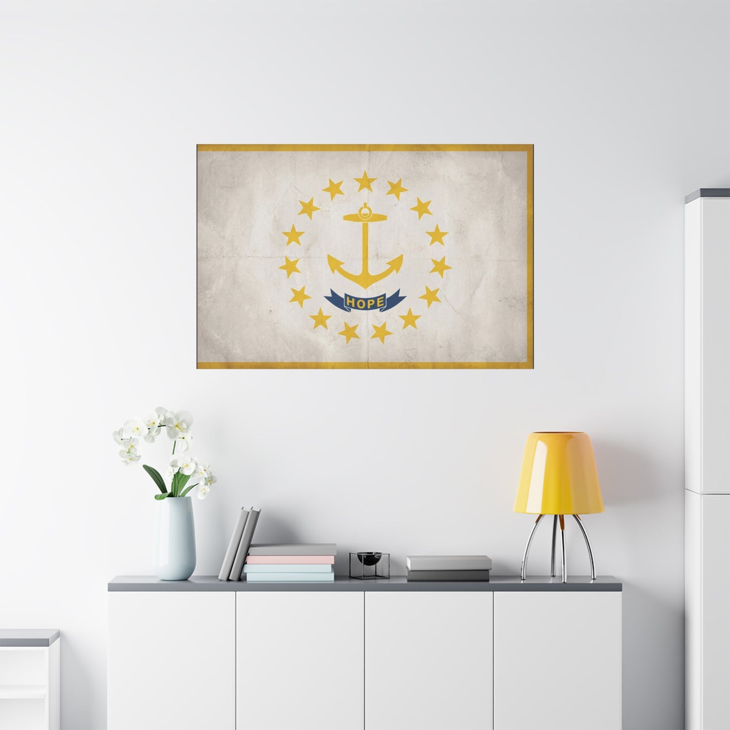 "HOPE" Rhode Island Flag Canvas Wall Art - Anchor And Stars State Print, Vintage Nautical Decor - Minimalist Gold Blue Design - Living Room Wall Decor - Bedroom Home Decoration - Cozy Reading Nook Art