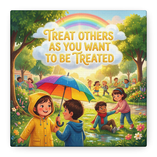"Treat Others As You Want To Be Treated" Kids Canvas Wall Art - Rainbow Umbrella Kindness Quote Print - Colorful Classroom Decor - Nursery Playroom Bedroom Home Decoration - Bohemian Wall Hanging