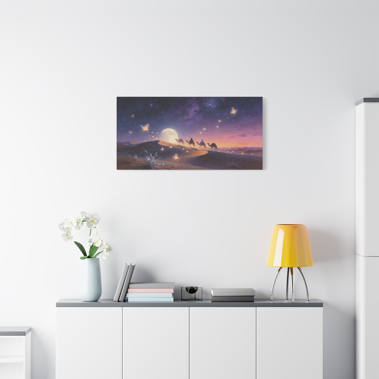 Moonlit Desert Camel Caravan Canvas Wall Art - Starry Night Butterflies, Dreamy Landscape Print - Ethereal Contemporary Style - Living Room Wall Decor, Bedroom Home Decoration - Modern Farmhouse Style