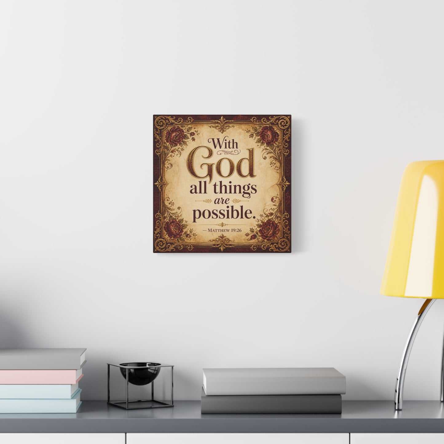 "With God All Things Are Possible. - Matthew 19:26" Christian Canvas Wall Art - Vintage Floral Scripture Print, Traditional Inspirational Decor, Living Room Bedroom Wall Hanging - Ready to Hang