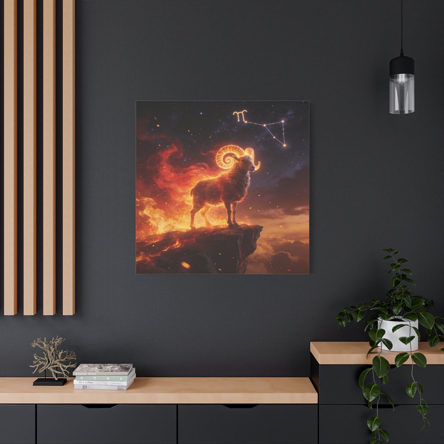 Aries Ram Canvas Wall Art - Fiery Zodiac Constellation Celestial Animal Print - Glowing Horns, Cosmic Night Sky - Contemporary Fantasy Style - Bedroom Home Decoration Office Wall Art - Ready to Hang