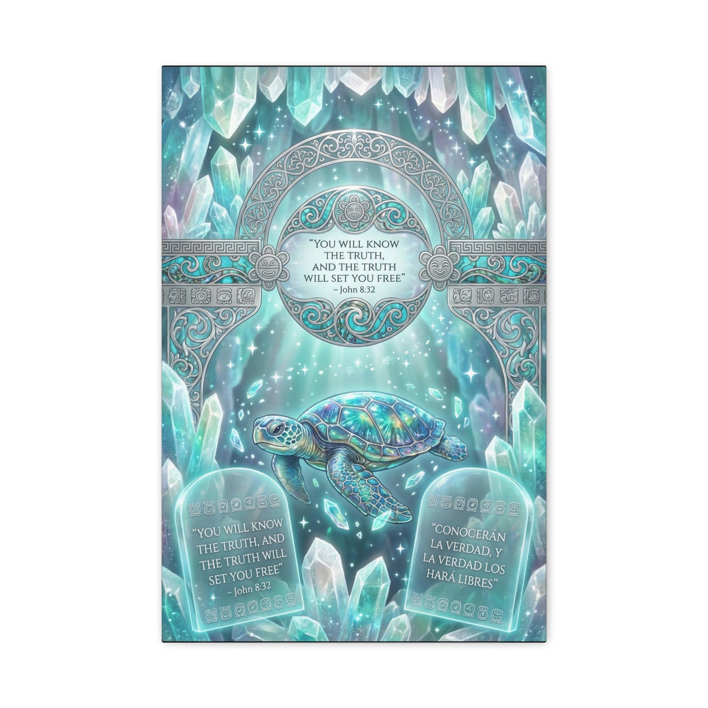 "You Will Know The Truth, And The Truth Will Set You Free" Sea Turtle Canvas Wall Art - John 8:32 Scripture Decor, Crystal Ocean Fantasy Style, Bedroom Wall Hanging, Meditation Space - Ready to Hang