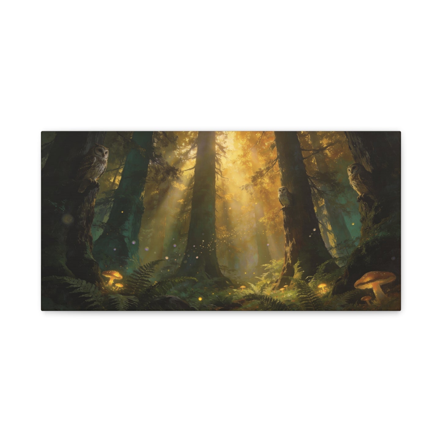 Owl Forest Canvas Wall Art - Sunbeams, Mushrooms, Fern Woodland Scene - Matte Cotton Print - Mystical Nature Style - Living Room Wall Decor, Bedroom Home Decoration - Bedroom Home Decoration