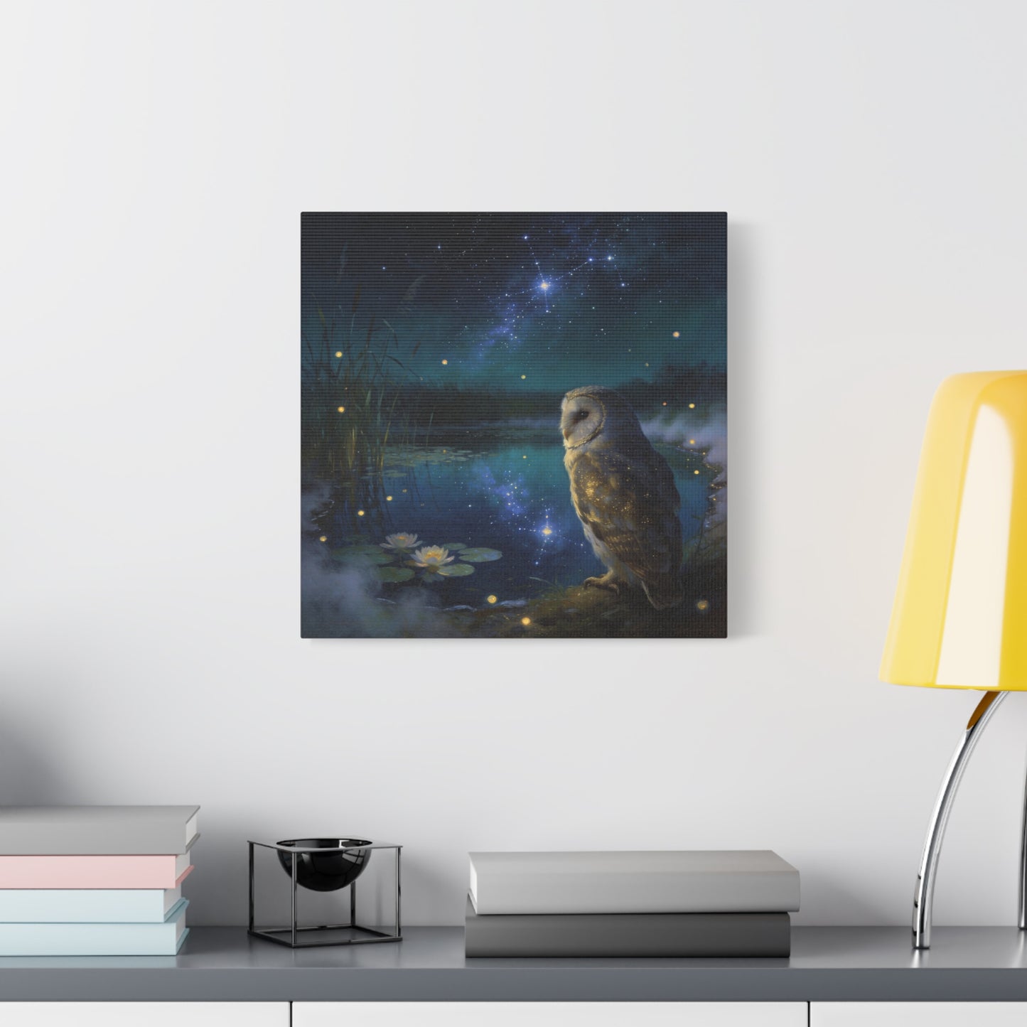 Barn Owl Canvas Wall Art - Moonlit Pond, Fireflies, Water Lilies, Starry Night Sky - Dreamy Wildlife Painting - Matte Finish Canvas Print - Bedroom Wall Decor, Nursery Accent - Bedroom Home Decoration