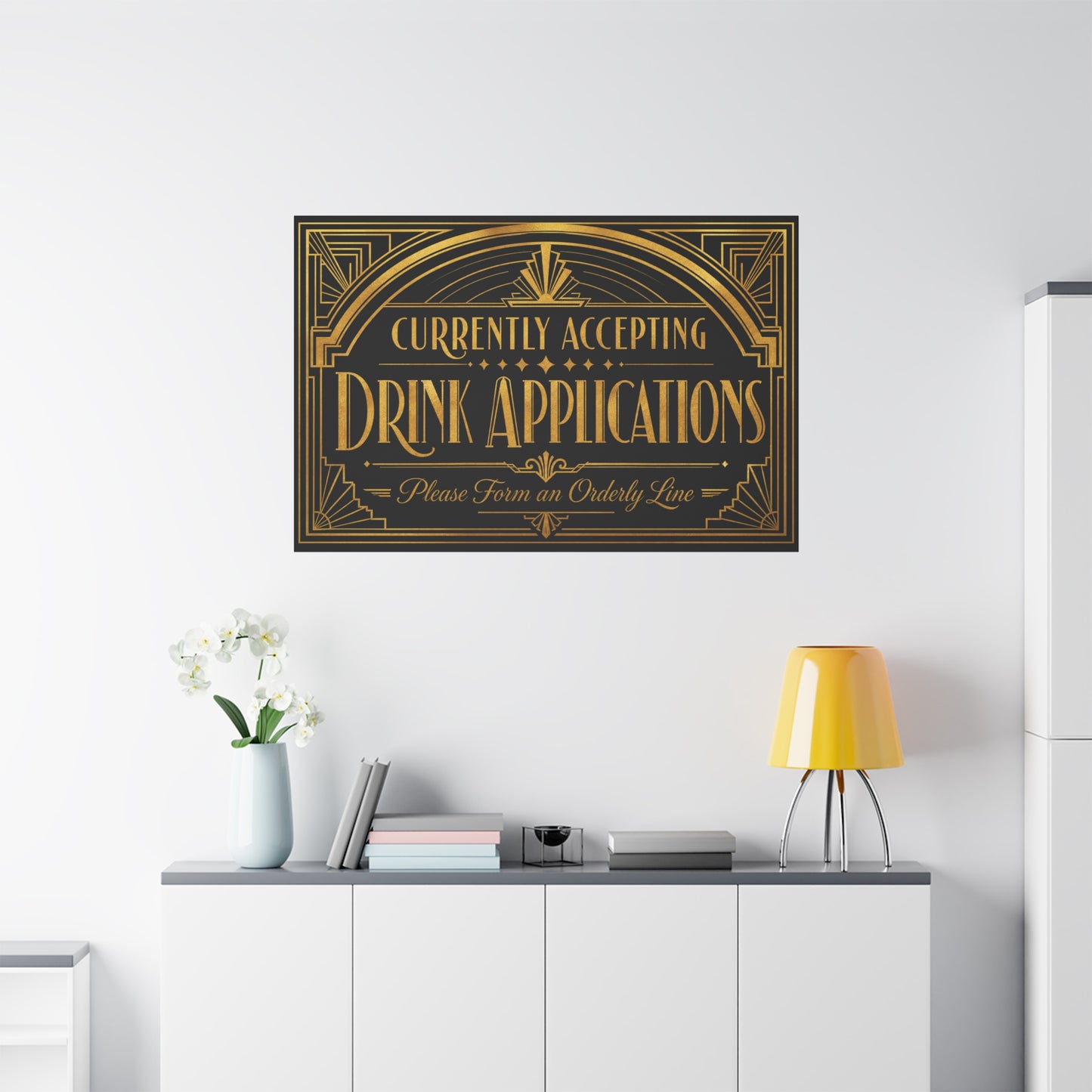 "Currently Accepting Drink Applications" Canvas Wall Art - Art Deco Typography Bar Sign, Black And Gold Humor Decor, Vintage Cocktail Lounge Style, Home Bar Accent - Ready to Hang - Tavern Wall Decor