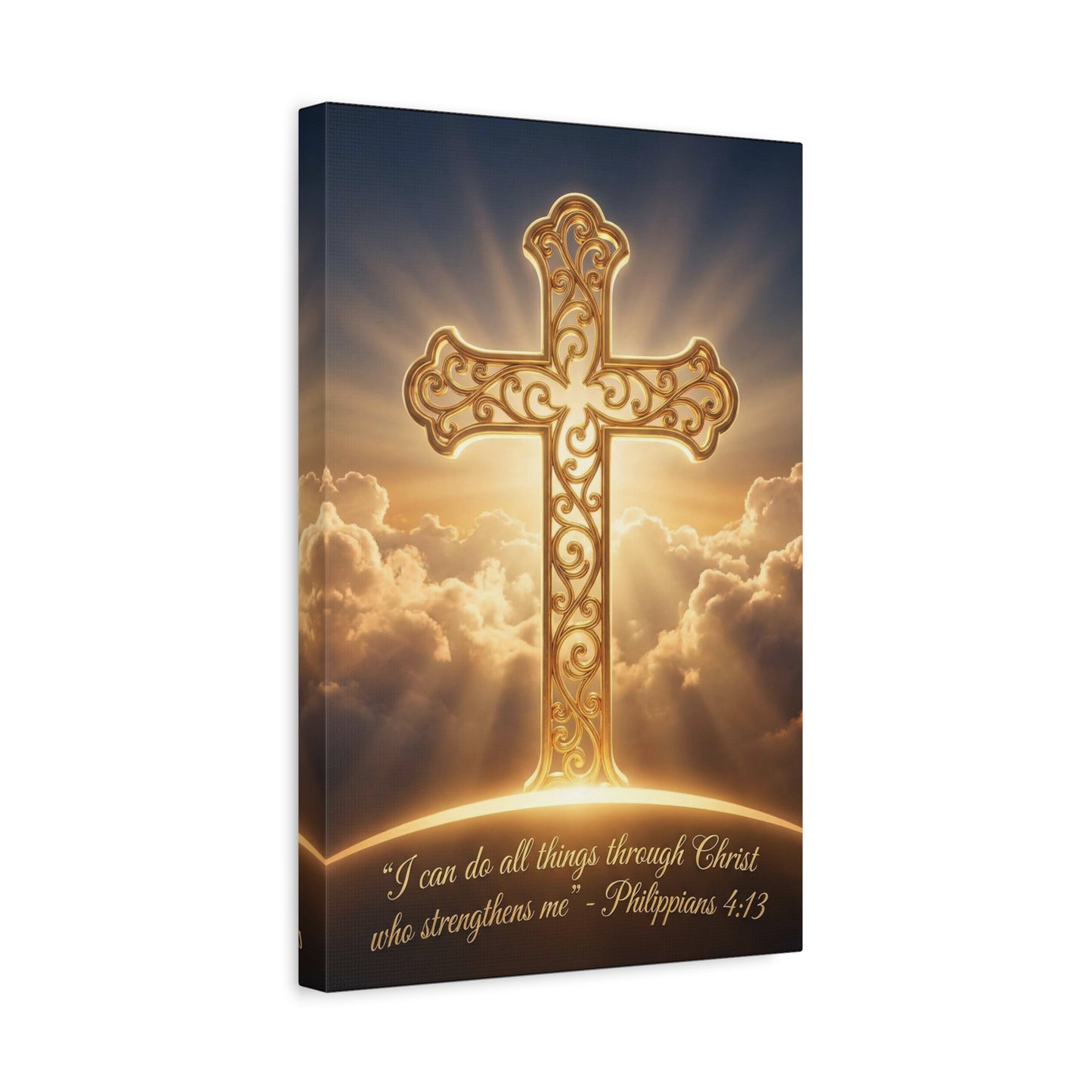 "I Can Do All Things Through Christ Who Strengthens Me" Cross Canvas Wall Art - Philippians 4:13 Scripture Decor, Golden Clouds Christian Wall Hanging, Bedroom Living Room - Bedroom Home Decoration