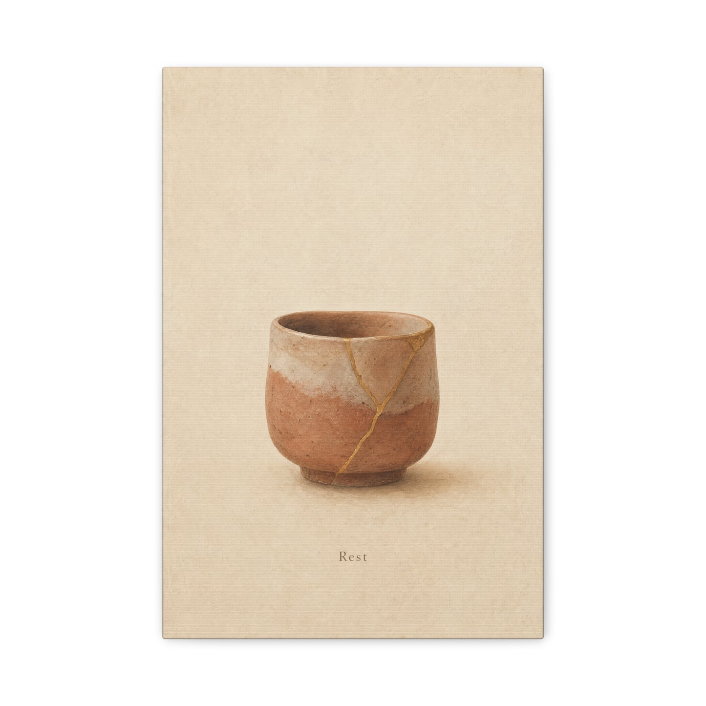 "Rest" Kintsugi Pot Canvas Wall Art - Minimalist Still Life Ceramic Vessel Print - Neutral Beige Brown Japanese Inspired Decor - Bedroom Meditation Space Living Room Home Accent - Office Wall Art
