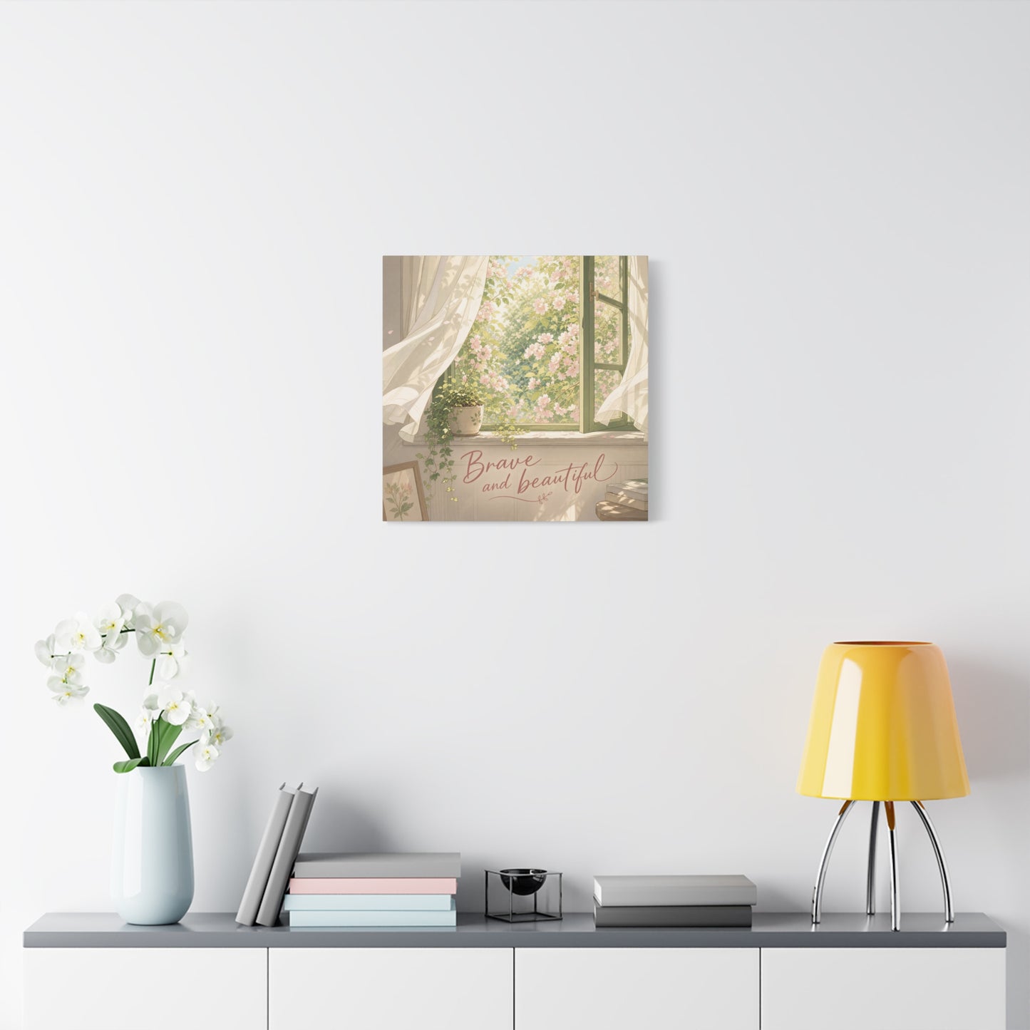 "Brave And Beautiful" Inspirational Canvas Wall Art - Open Window Pink Blossoms, Sheer Curtains, Botanical Quote Print - Soft Vintage Style - Bedroom Wall Decor, Living Room Accent - Ready to Hang