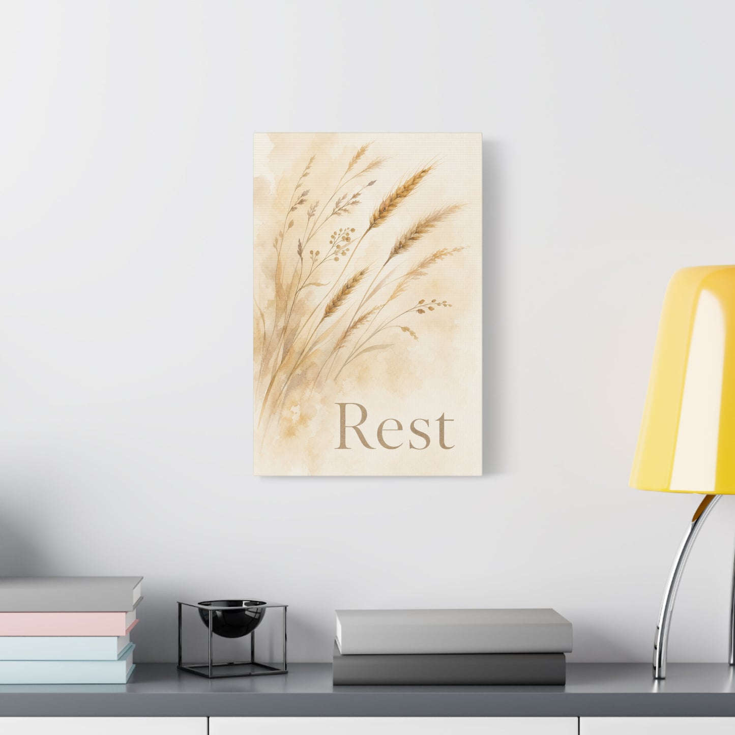 "Rest" Botanical Canvas Wall Art - Neutral Wheat Grass Watercolor Print - Minimalist Beige Farmhouse Decor - Bedroom Wall Hanging - Living Room Home Decoration - Meditation Space Accent