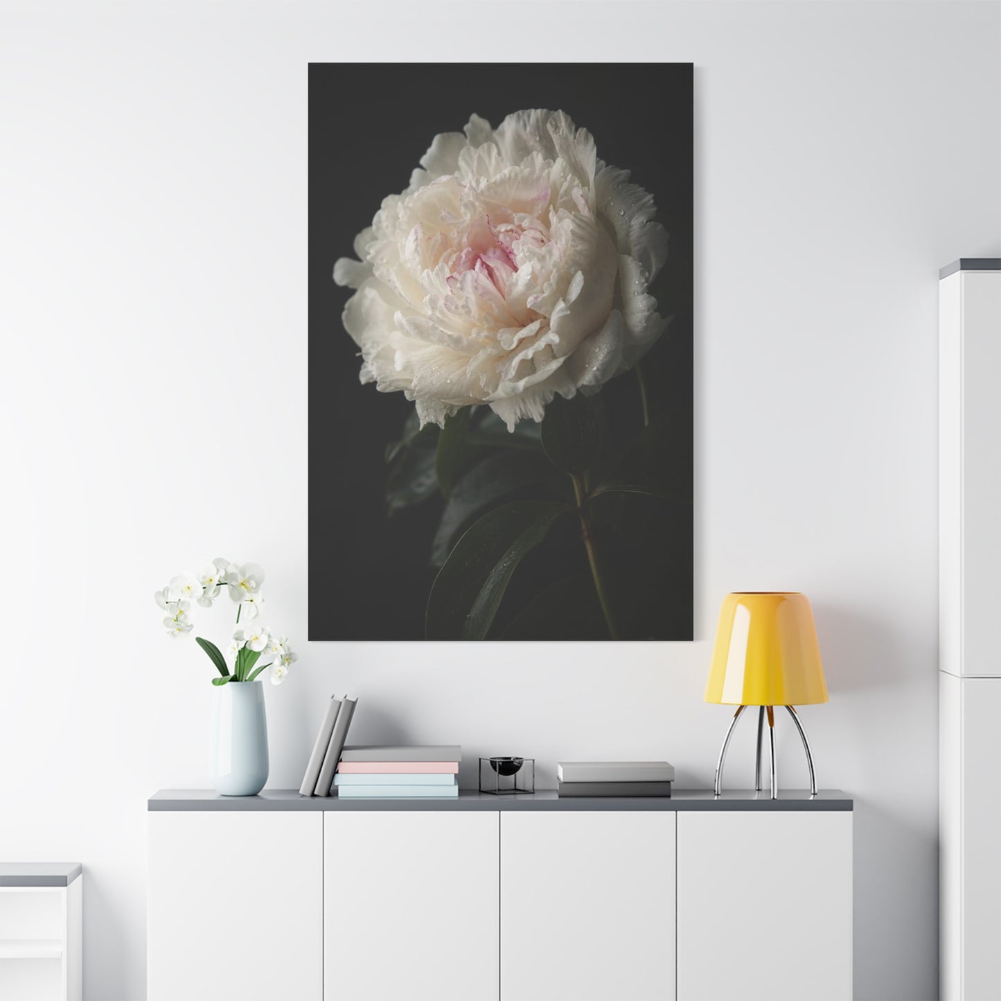 White Peony Canvas Wall Art - Floral Art Print, Soft Blush Petals On Black - Moody Botanical Decor, Matte Canvas Print - Bedroom Wall Decor, Living Room Accent, Bathroom Styling