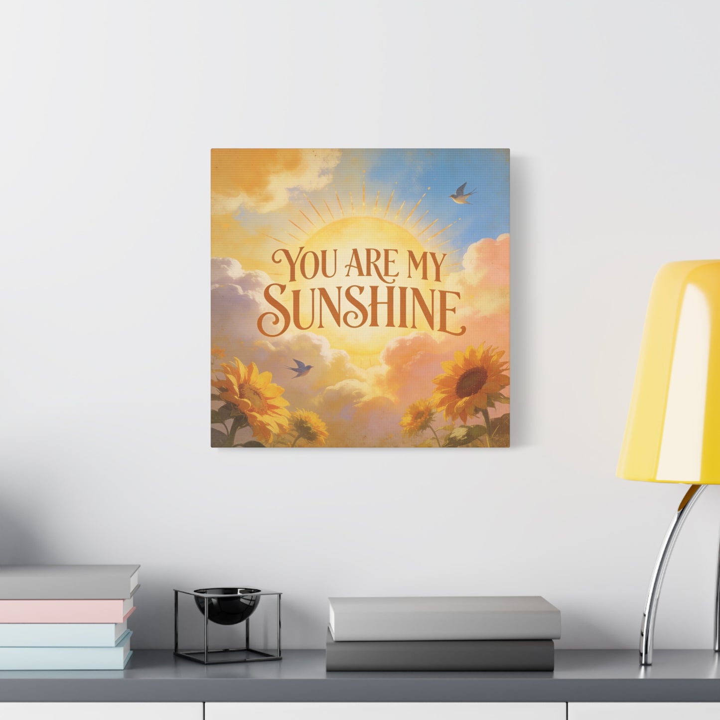 "You Are My Sunshine" Sunflower Canvas Wall Art - Vintage Typography Sky, Birds - Inspirational Farmhouse Style - Living Room Wall Decor, Bedroom Home Decoration, Office Art Accent - Ready to Hang