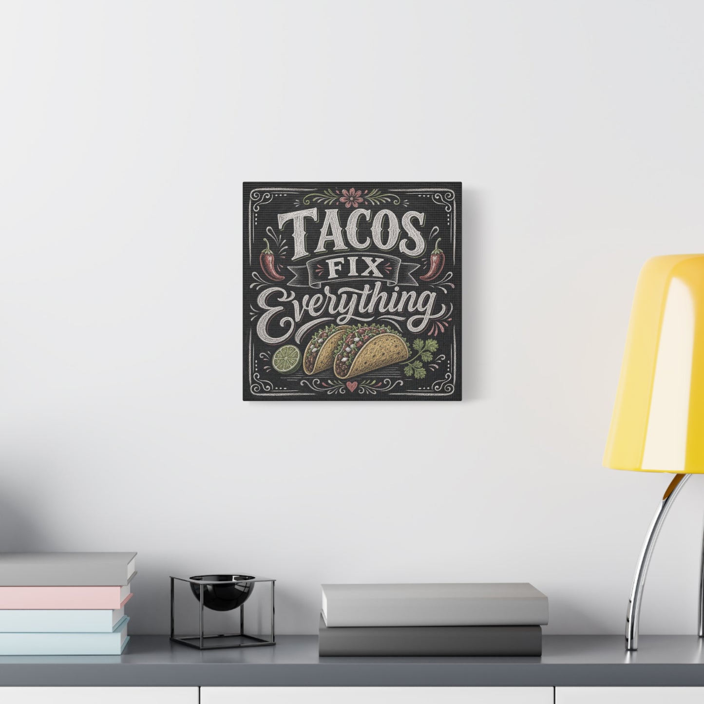 "Tacos Fix Everything" Canvas Wall Art - Chalkboard Taco Kitchen Print, Rustic Typography Decor - Matte Cotton Art Print - Farmhouse Dining Room Accent, Cafe Interior Style - Living Room Wall Decor