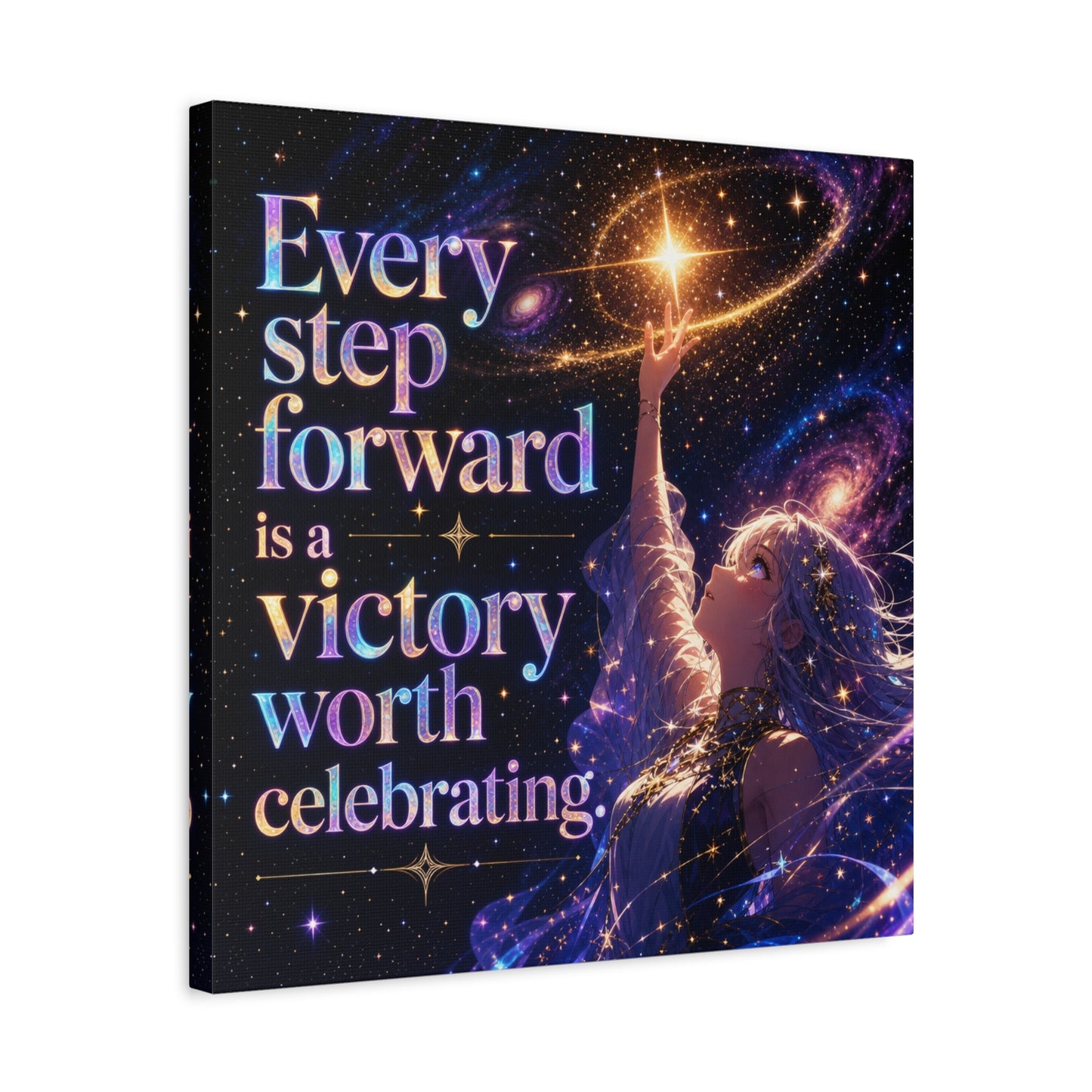 "Every Step Forward Is A Victory Worth Celebrating" Inspirational Canvas Wall Art - Cosmic Anime Girl Galaxy Quote Print - Celestial Purple Blue Decor - Bedroom Home Decoration - Office Wall Art
