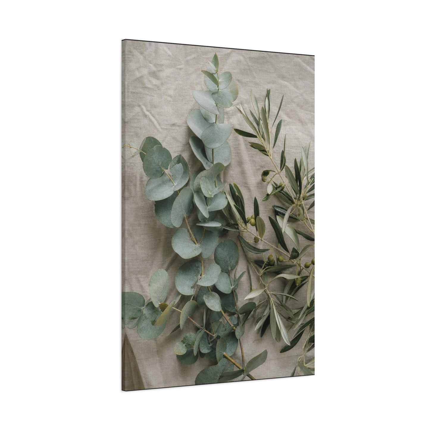 Eucalyptus And Olive Branch Canvas Wall Art - Botanical Still Life, Soft Sage Beige Tones - Matte Cotton Print, Minimalist Traditional Style - Bedroom Decoration, Spa Accent - Living Room Wall Decor