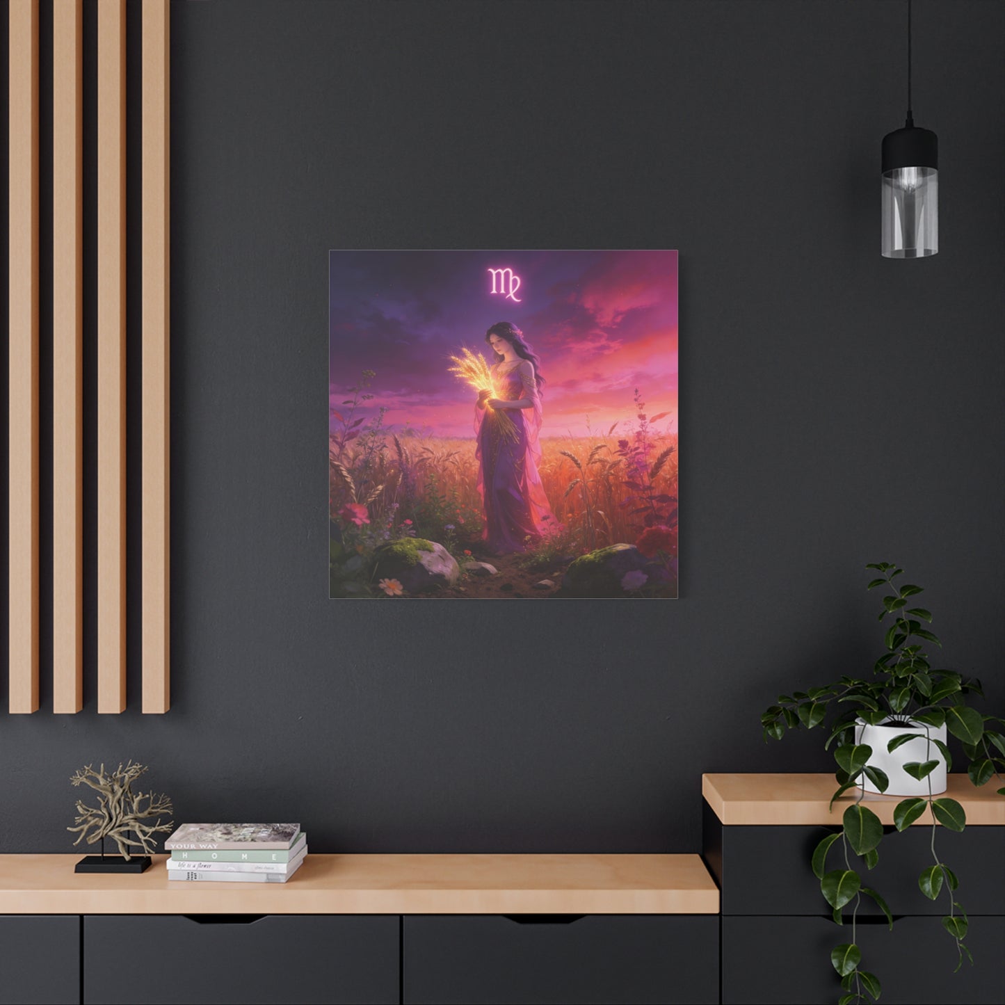 Virgo Zodiac Canvas Wall Art - Maiden Holding Glowing Wheat, Purple Twilight Field - Fantasy Illustration, Matte Canvas Print - Bedroom Wall Decor, Meditation Space Accent - Bedroom Home Decoration