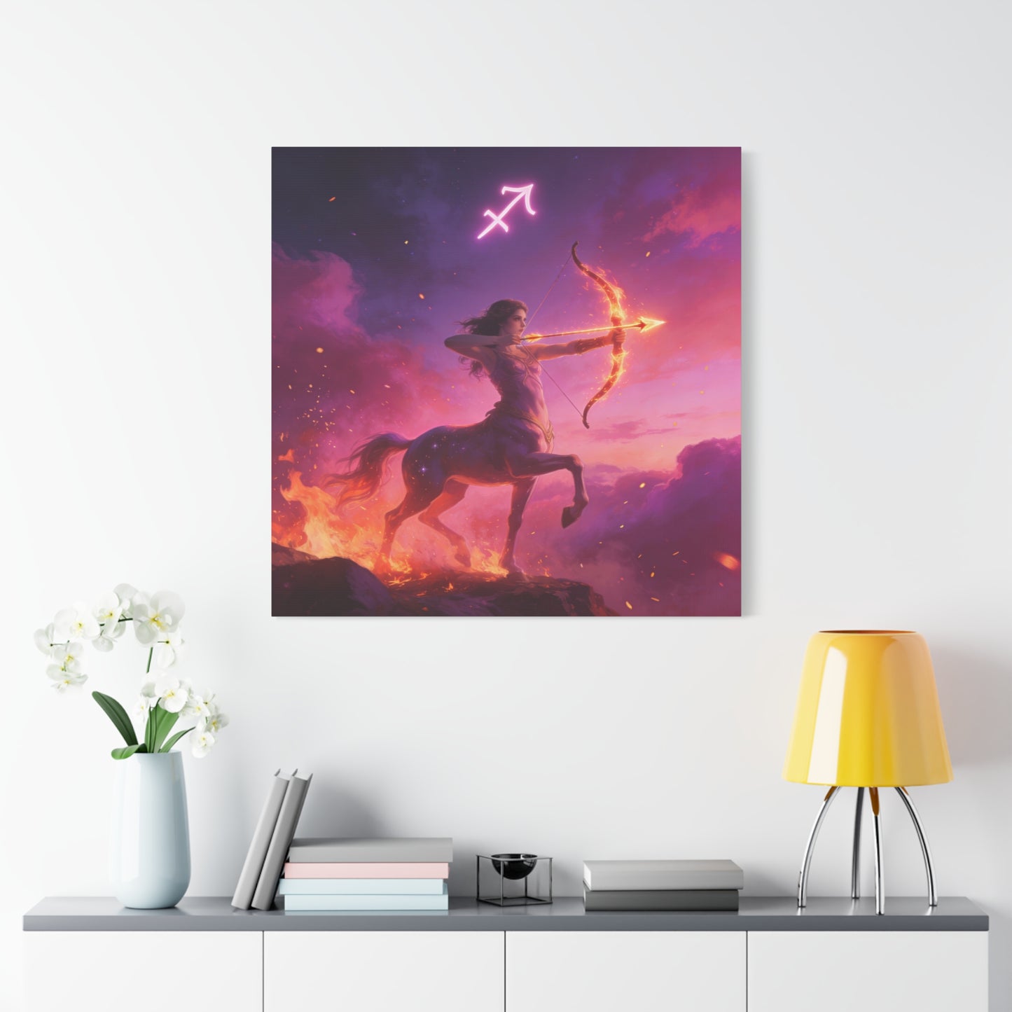 Sagittarius Centaur Archer Canvas Wall Art - Zodiac Fantasy Fire Bow Illustration - Purple Pink Matte Canvas Print - Bedroom Home Decoration, Living Room Wall Decor, Celestial Decor - Ready to Hang