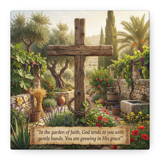 "In The Garden Of Faith, God Tends To You With Gentle Hands. You Are Growing In His Grace" Canvas Wall Art - Rustic Wooden Cross, Christian Garden Scene - Living Room Wall Decor - Ready to Hang