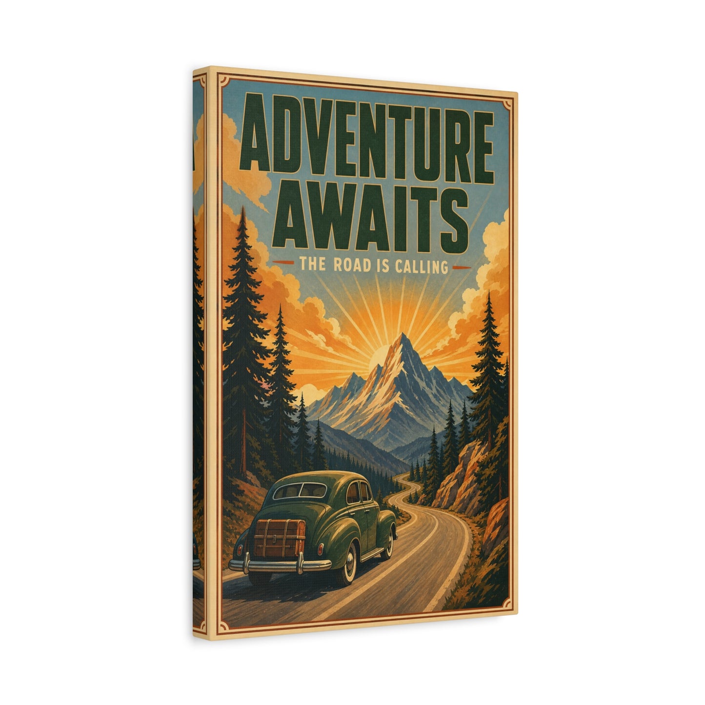 "Adventure Awaits The Road Is Calling" Vintage Travel Canvas Wall Art - Mountain Road Sunrise, Retro Car Poster Print - Adventure Decor, Living Room Wall Decor, Office Art - Bedroom Home Decoration
