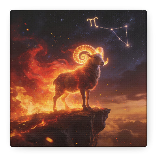 Aries Ram Canvas Wall Art - Fiery Zodiac Constellation Celestial Animal Print - Glowing Horns, Cosmic Night Sky - Contemporary Fantasy Style - Bedroom Home Decoration Office Wall Art - Ready to Hang